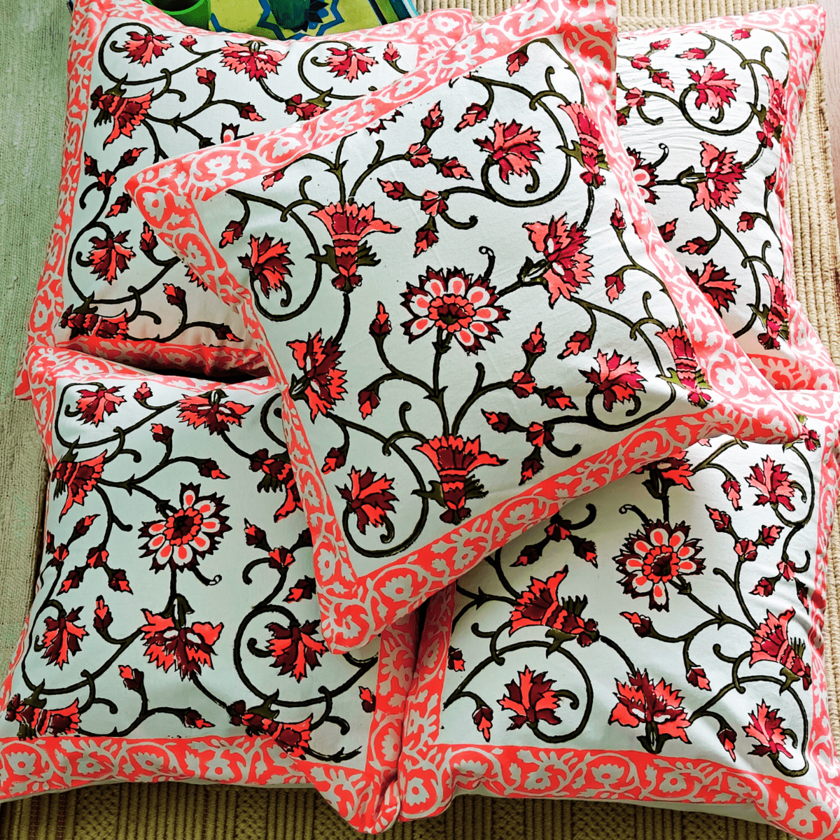 Taraash Hand Block Printed Cushion Covers, 16" x 16", Pack of 5 - Coral Slub -